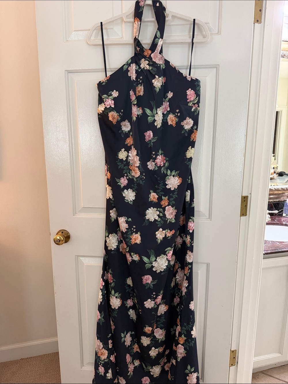 BHLDN Black Floral Halter Maxi Dress with Pink and Cream Blooms